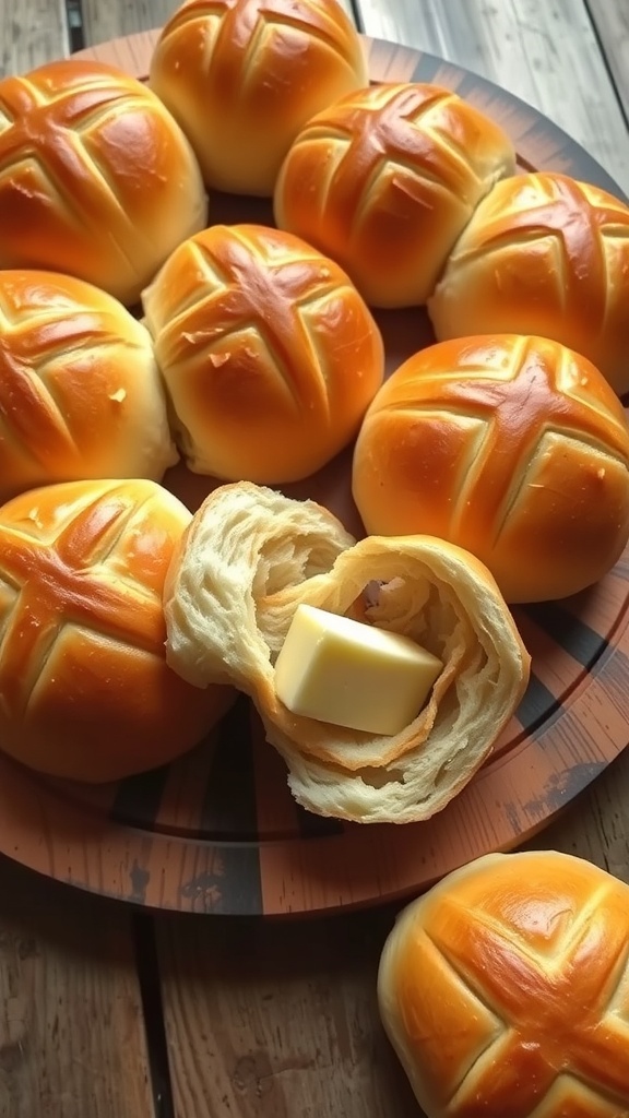 Bread Machine Kaiser Rolls Recipe Freshly baked golden Kaiser rolls with a cross pattern on a wooden board, served with butter.